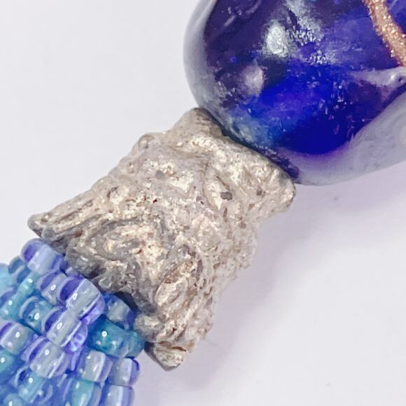 Vintage Glass Bead Tassel Necklace Blue Multi Strand Bohemian Artisan Jewelry - Picture 11 of 13